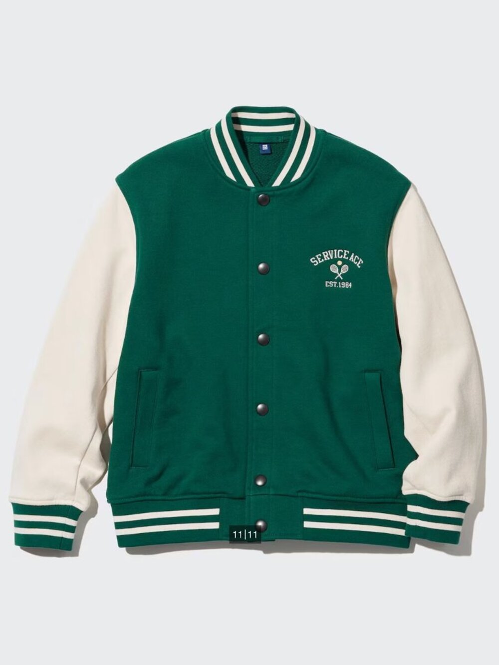 UNIQLO Kids Sweat Stadium Jacket Green Varsity Snap Front Size 9-10Y (140 cm)